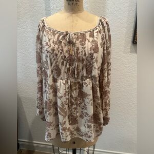 Women’s Taupe & Cream Floral Sheer Lightweight Peasant Blouse
